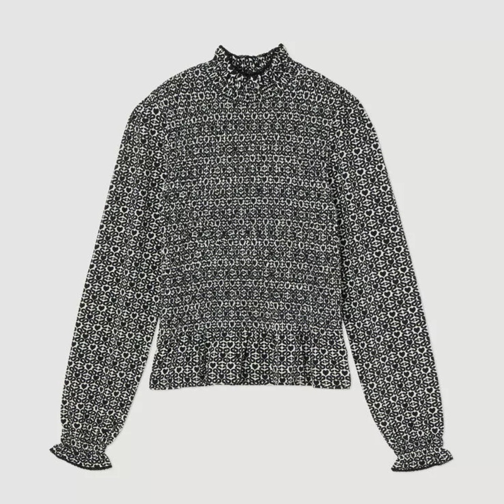 Sandro Monogram Print Mockneck Smocked Top Puff Sleeve Blouse